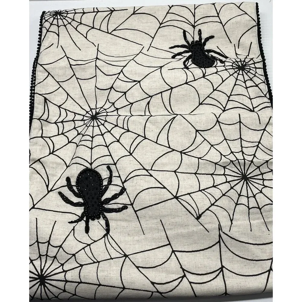 Black Spider Web Black Beaded Halloween Table Runner Hallow Home 71” x‎ 17”  EL1